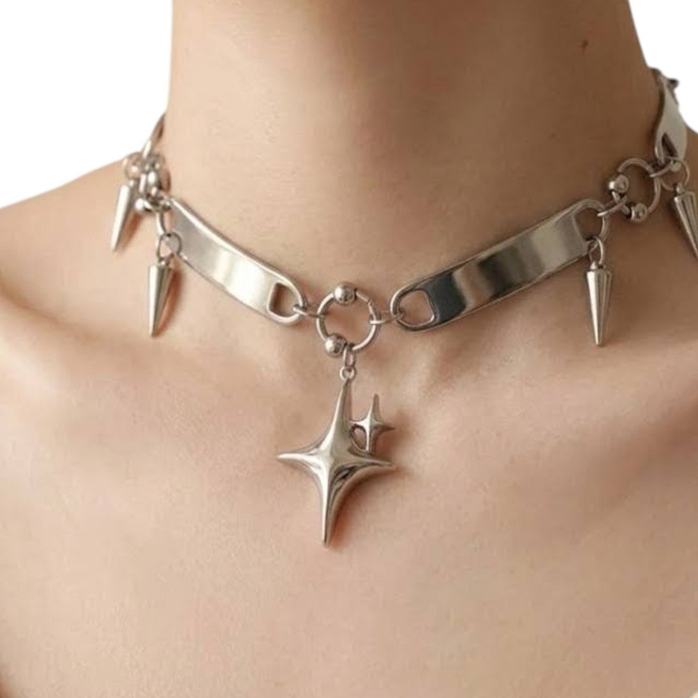 New Silver Star Spike Dangle Charm Link Choker Necklace Starburst Retro Goth Y2K